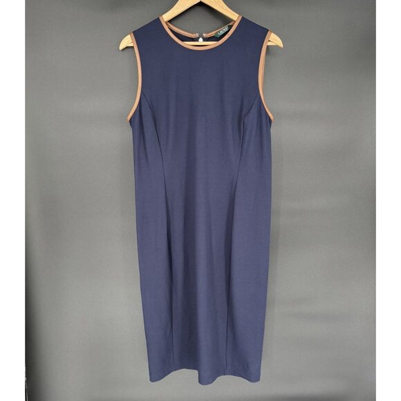 Lauren Ralph Lauren Sleeveless Midi Dress Size S/M Navy Faux Leather Trim Preppy - Picture 1 of 7